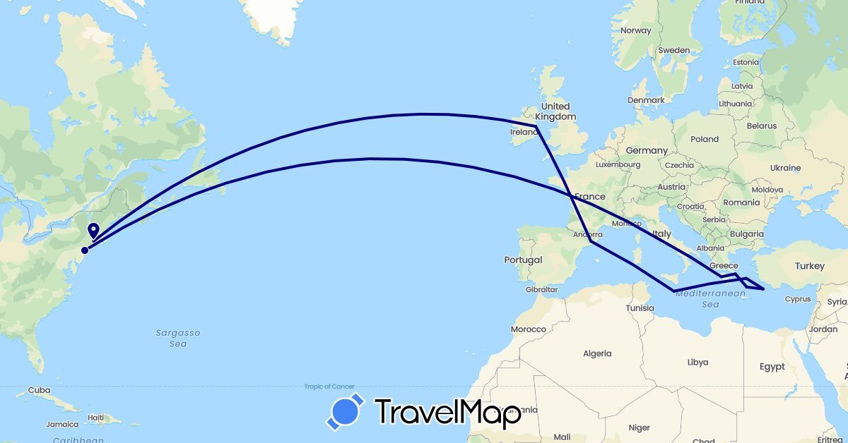 TravelMap itinerary: driving in Spain, Greece, Ireland, Italy, Malta, United States (Europe, North America)